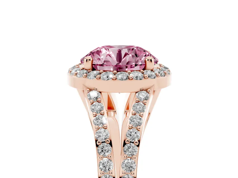 Round Halo Engagement Ring Setting for a Fancy Pink Lab-Grown Diamond | Pave Split Shank | Rose Gold