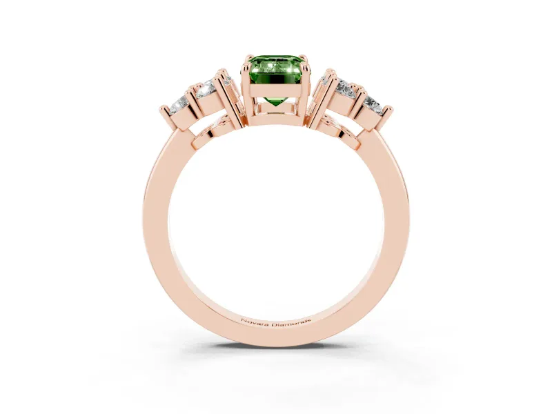 Fancy Green Emerald Cut Diamond Solitaire Ring Set in Rose gold with Cluster Accents on Each Side