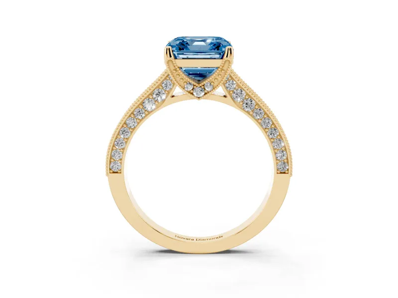 Asscher Cut Hidden Halo Engagement Ring Setting for a Fancy Blue Lab-Grown Diamond | Milgrain Pave | Yellow Gold