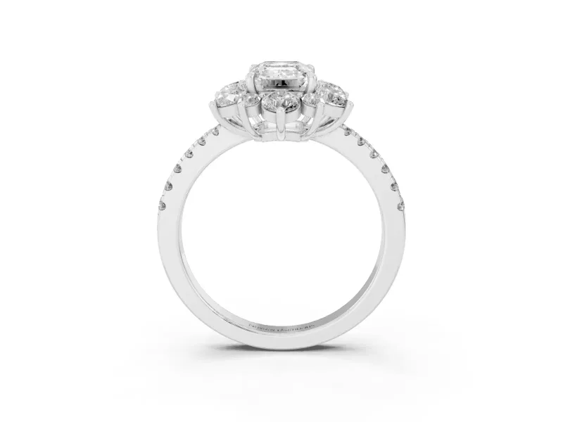 Emerald Cut Diamond Floral Halo Ring Set in Platinum with Round Pavé Band and Prong Setting