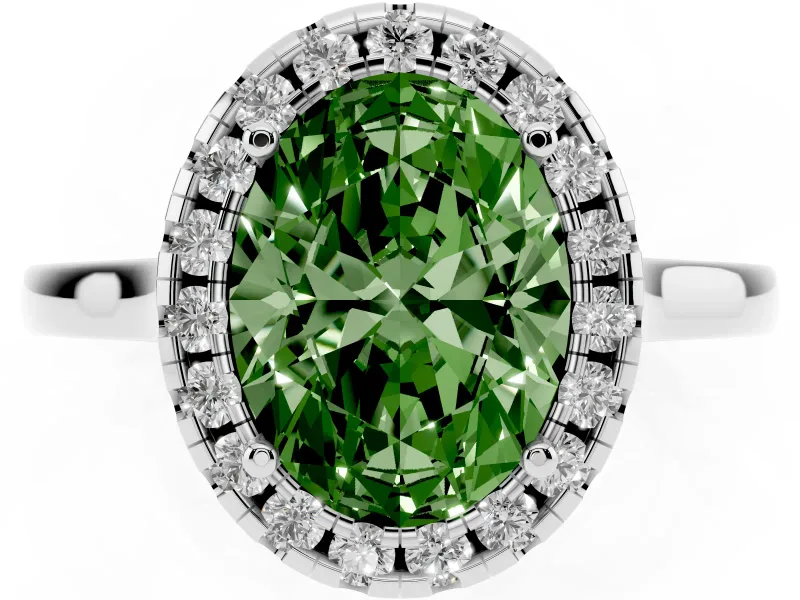 Fancy Green Oval Cut Halo Round Diamond Solitaire Ring Set in White gold with Pavé Band and Prong Setting