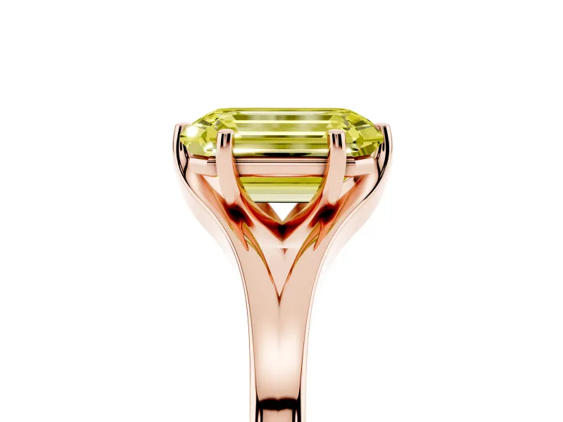 Fancy Yellow Emerald Cut Diamond Solitaire Ring Set in Rose gold with Polished Tapered Band and Prong Setting