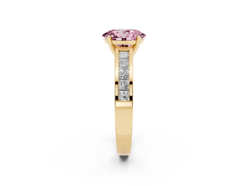 Fancy Pink Oval Cut Diamond Solitaire Ring Set in Yellow gold with Channel-Set Band and Prong Setting
