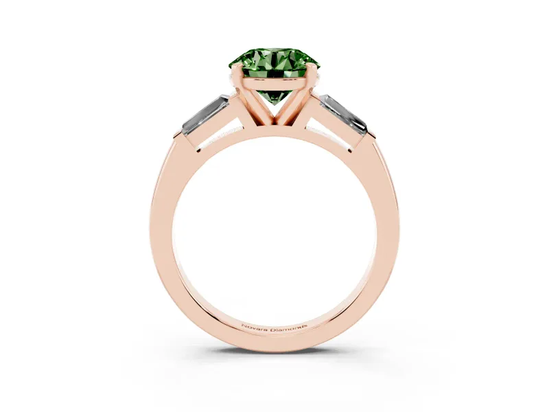 Fancy Green Round Cut Diamond Solitaire Ring Set in Rose gold with Tapered Baguette Side Stones and Prong Setting