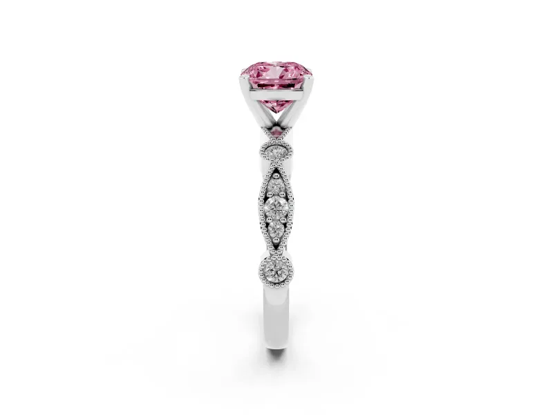 Fancy Pink Cushion Cut Diamond Solitaire Engagement Ring Set in Silver with Milgrain Bezel Accent Band