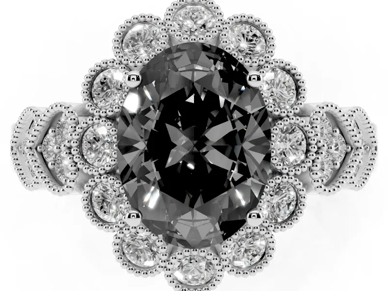 Oval Scalloped Halo Engagement Ring Setting for a Black Center | Heart Pavé Band | Platinum