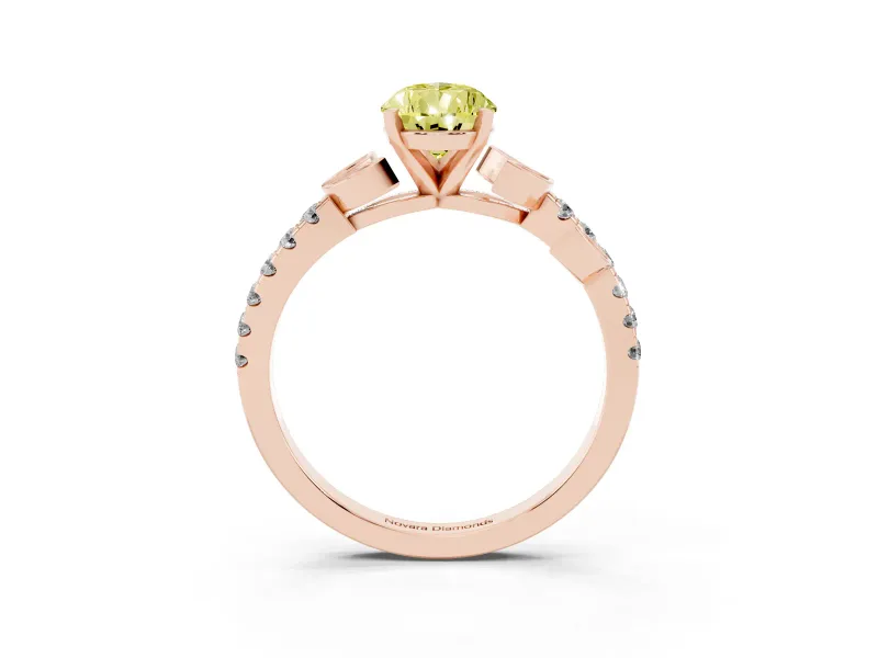 Fancy Yellow Pear Cut Diamond Solitaire Leaf-Inspired Ring Set in Rose gold with Pavé Band and Prong Setting