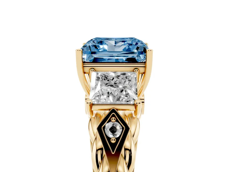 Princess Cut Three Stone Engagement Ring Setting for a Fancy Blue Lab-Grown Diamond | Braided Band | Yellow Gold