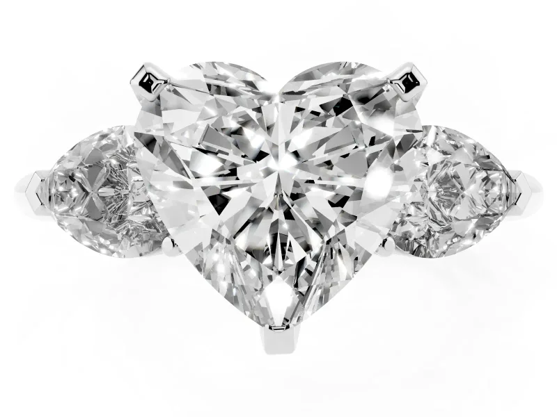 Three-Stone Heart Cut Diamond Ring Set in White gold with Pear Side Stones and Prong Setting