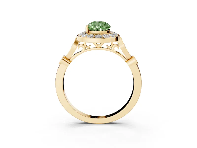 Fancy Green Pear Cut Diamond Halo Engagement Ring Set in Yellow gold with Twisted Band and Prong Setting