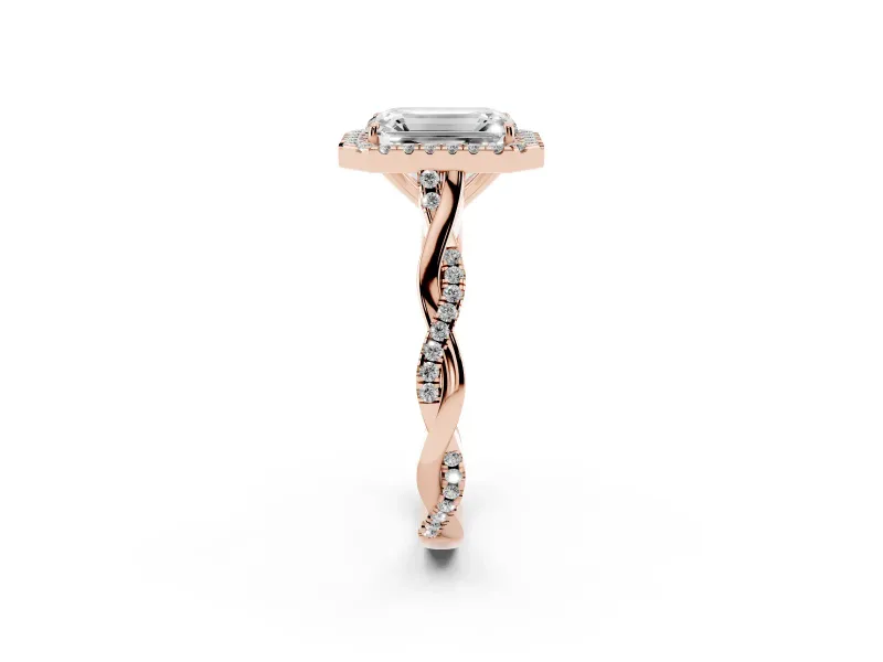 Emerald Cut Halo Engagement Ring Setting | Pavé Twist Band | Rose Gold