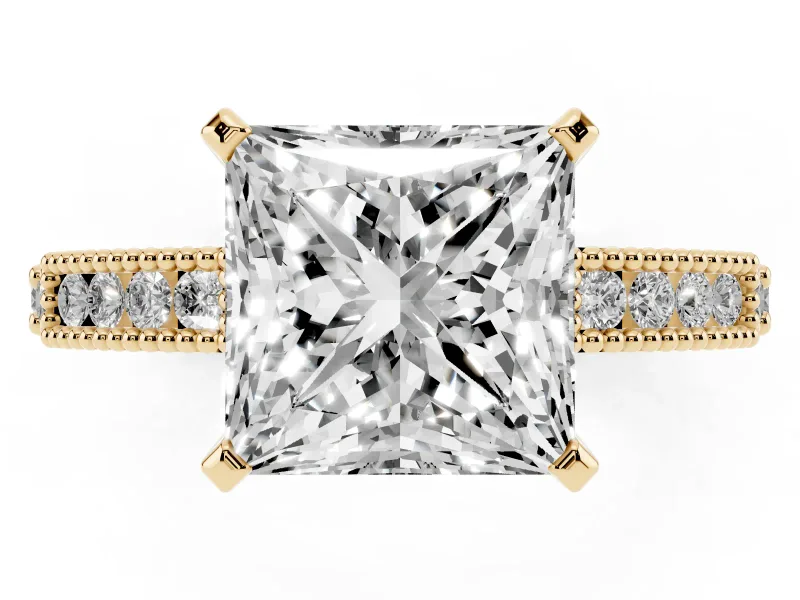 Princess Cut Vintage Pavé Solitaire Engagement Ring Setting | Milgrain Edges | Yellow Gold