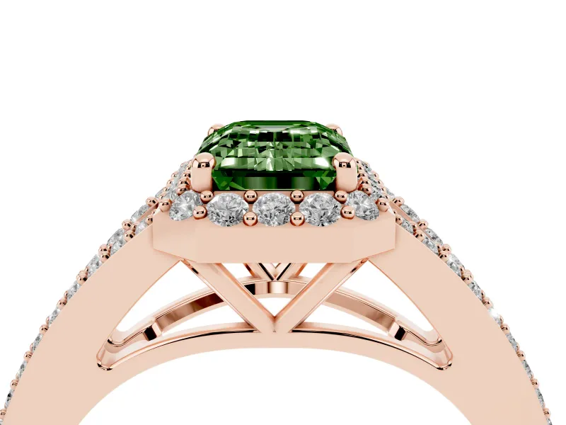 Fancy Green Emerald Cut Diamond Halo Split Shank Pavé Ring Set in Rose gold with Prong Setting