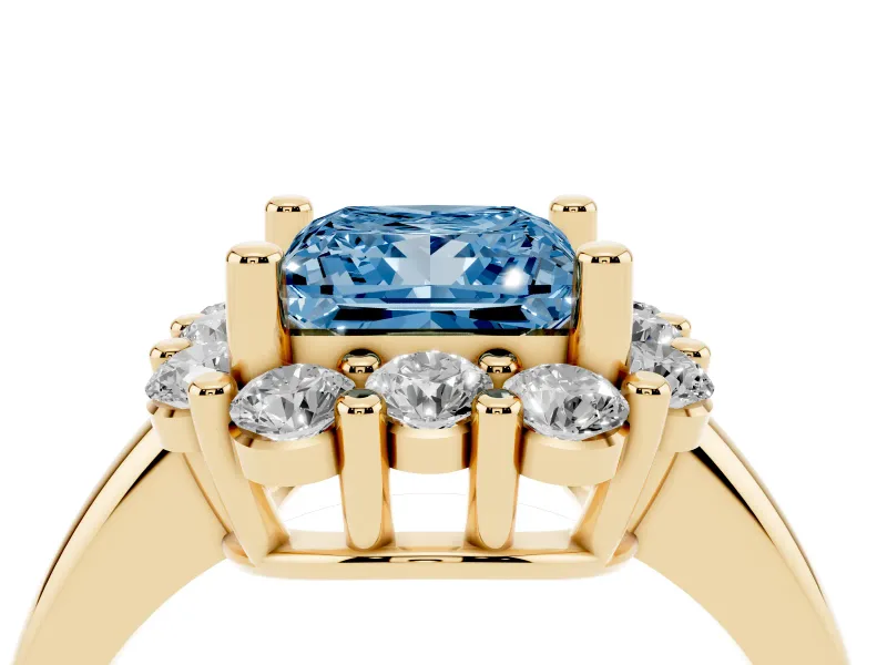 Princess Cut Cluster Halo Engagement Ring Setting for a Fancy Blue Lab-Grown Diamond | Large Round Accents | Yellow Gold