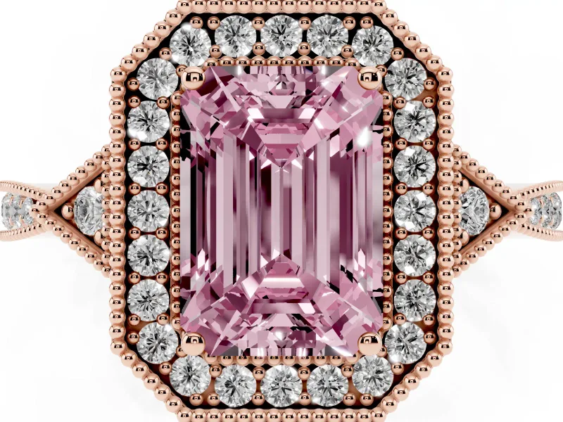 Fancy Pink Emerald Cut Diamond Halo Engagement Ring Set in Rose gold with Milgrain Pavé Band