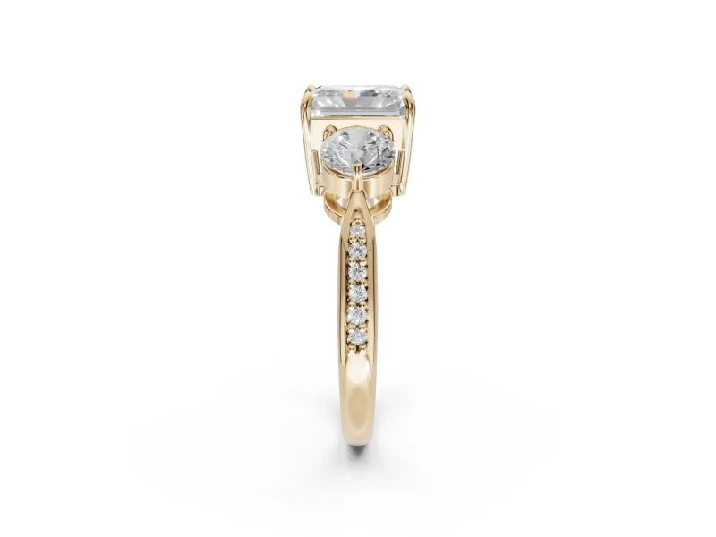Radiant Cut Three Stone Engagement Ring Setting | Tapered Pave Band | Yellow Gold