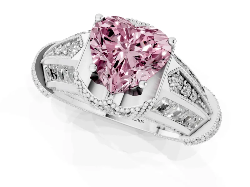 Fancy Pink Heart Cut Diamond Vintage-Inspired Milgrain Ring Set in White gold with Accent Split Shank