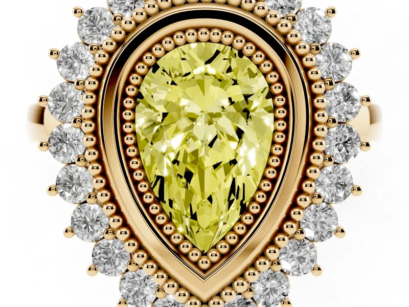 Fancy Yellow Pear Cut Diamond Halo Ring Set in Yellow gold with Milgrain Edge and Round Prong Setting