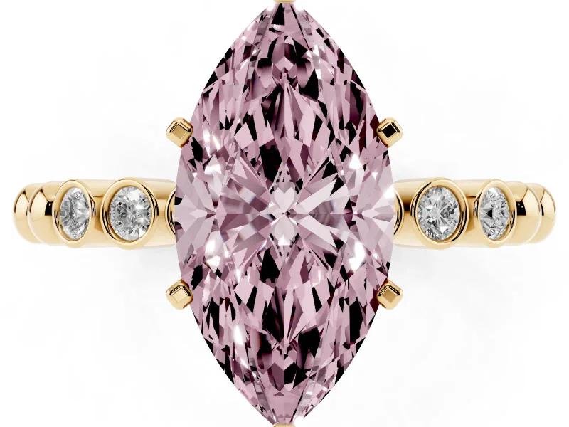 Fancy Pink Marquise Cut Diamond Solitaire Engagement Ring Set in Yellow gold with Bezel Accents on Beaded Band