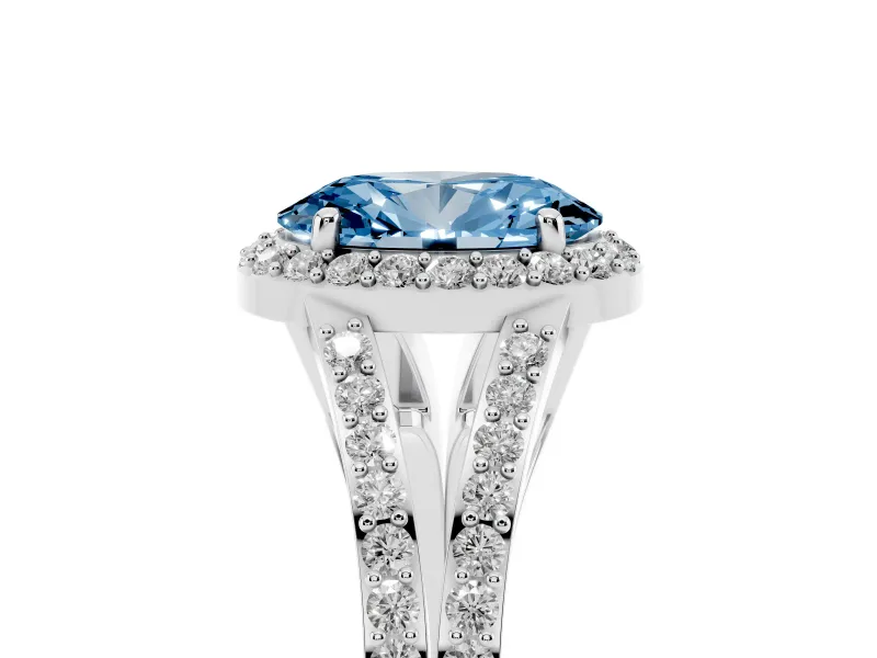Oval Halo Engagement Ring Setting for a Fancy Blue Lab-Grown Diamond | V-Split Pavé Band | Platinum