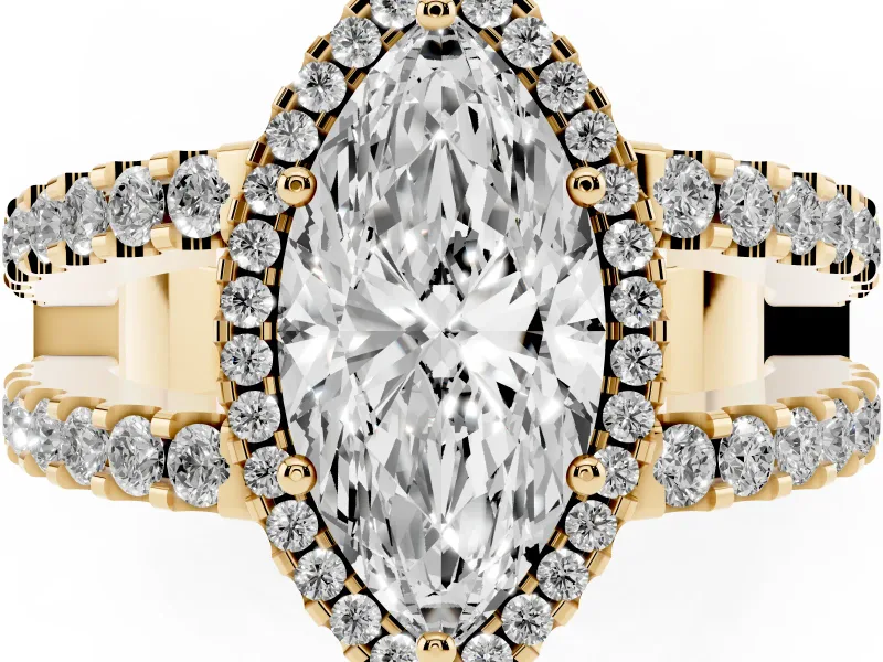 Marquise Cut Diamond Halo Ring Set in Yellow gold with Pavé Split Shank and Prong Setting
