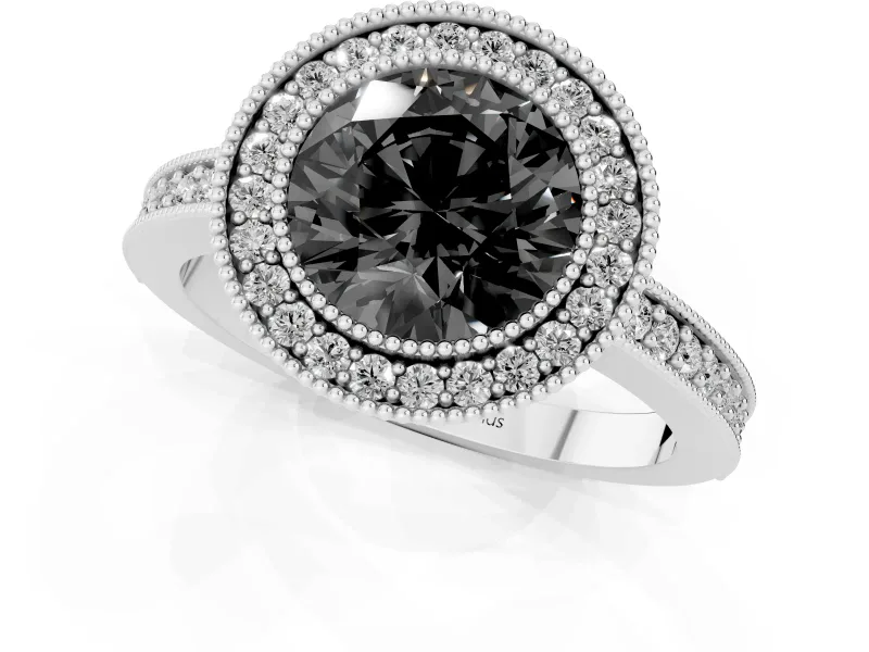 Fancy Black Round Cut Diamond Halo Engagement Ring Set in White gold with Pavé Band and Round Halo Stones