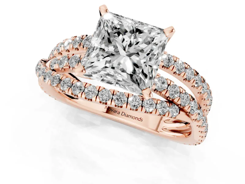 Princess Cut Diamond Solitaire Twist Band Ring Set in Rose gold with Pavé Setting and Prong Head