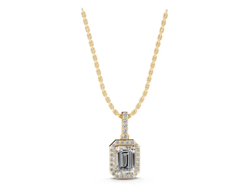 Emerald Cut Diamond Halo Pendant Set in Yellow gold with Prong-Set Center