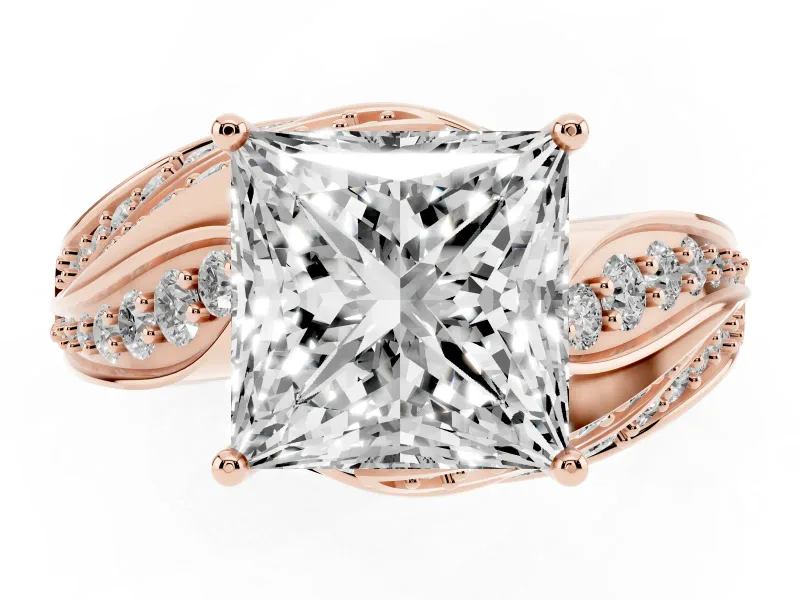 Princess Cut Diamond Solitaire Ring Set in Rose gold with Layered Twist Pavé Band