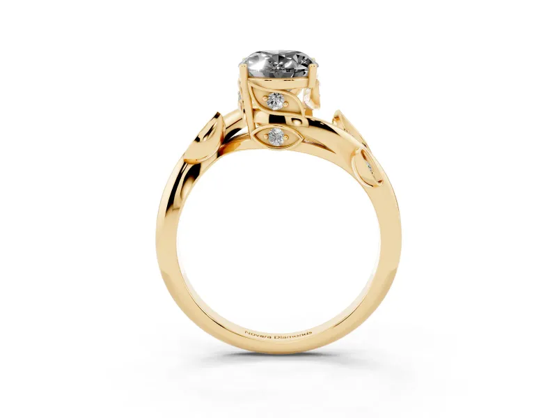 Oval Twisted Bypass Engagement Ring Setting for a Black Center | Accented Leaves | Yellow Gold