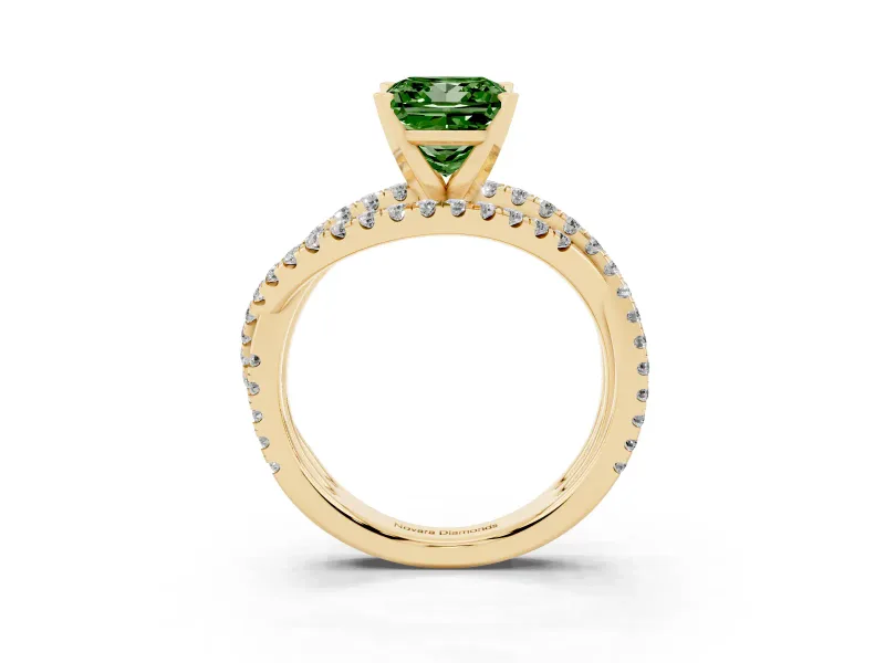 Fancy Green Princess Cut Diamond Solitaire Twist Band Ring Set in Yellow gold with Pavé Setting and Prong Head