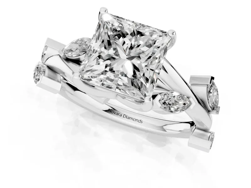 Princess Cut Twisted Vine Engagement Ring Setting | Marquise Side Stones | Platinum