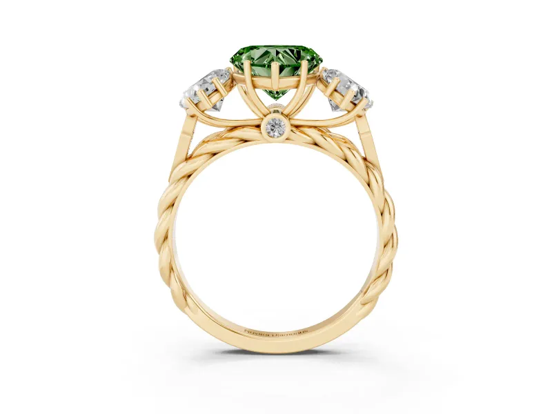 Heart-Shaped Three Stone Engagement Ring Setting for a Fancy Green Lab-Grown Diamond | Braided Band | Yellow Gold