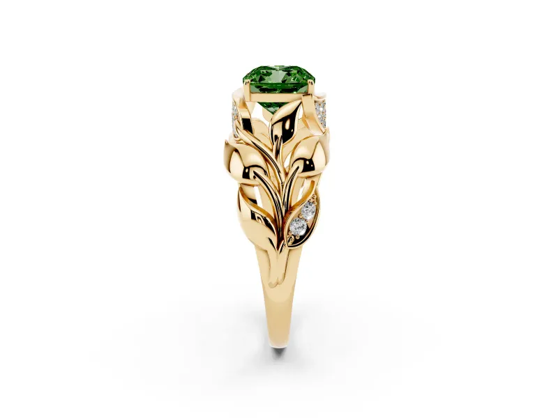 Cushion Cut Leaf Bypass Engagement Ring Setting for a Fancy Green Lab-Grown Diamond | Yellow Gold