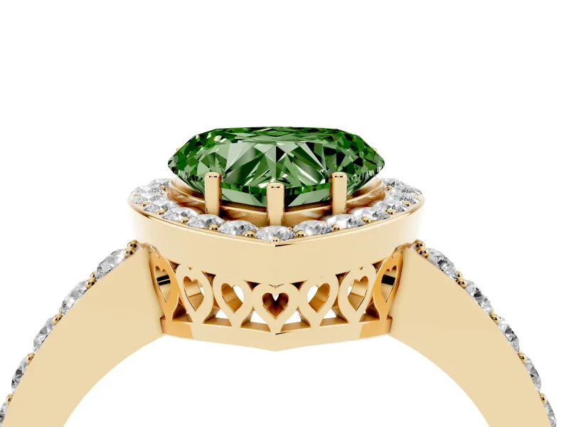 Fancy Green Heart Cut Diamond Halo Ring Set in Yellow gold with Pavé-Setting Band and Open Prong Center