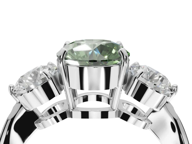 Round Three Stone Engagement Ring Setting for a Fancy Green Lab-Grown Diamond | Tapered Pave Band | White Gold