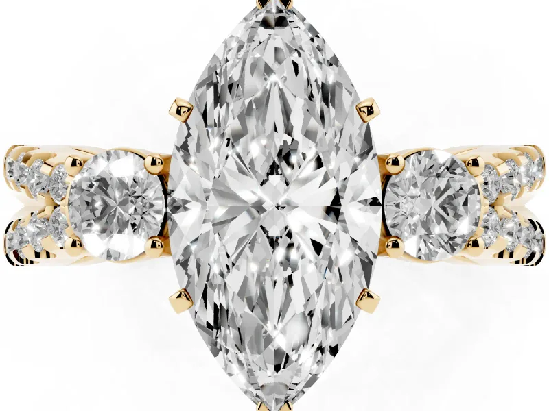 Marquise Three Stone Engagement Ring Setting | Pavé Split Shank | Yellow Gold