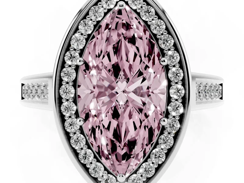 Fancy Pink Marquise Cut Diamond Halo Solitaire Ring Set in Platinum with Pavé Band and Bezel Setting