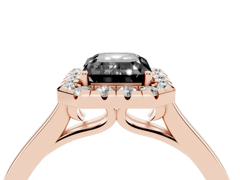 Fancy Black Emerald Cut Halo Round Diamond Solitaire Ring Set in Rose gold with Pavé Band and Prong Setting