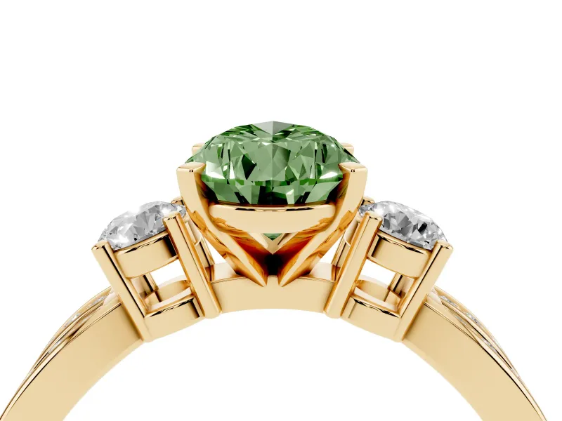 Fancy Green Three-Stone Pear Cut Diamond Twist Band Ring Set in Yellow gold with Pavé Accents and Prong Setting