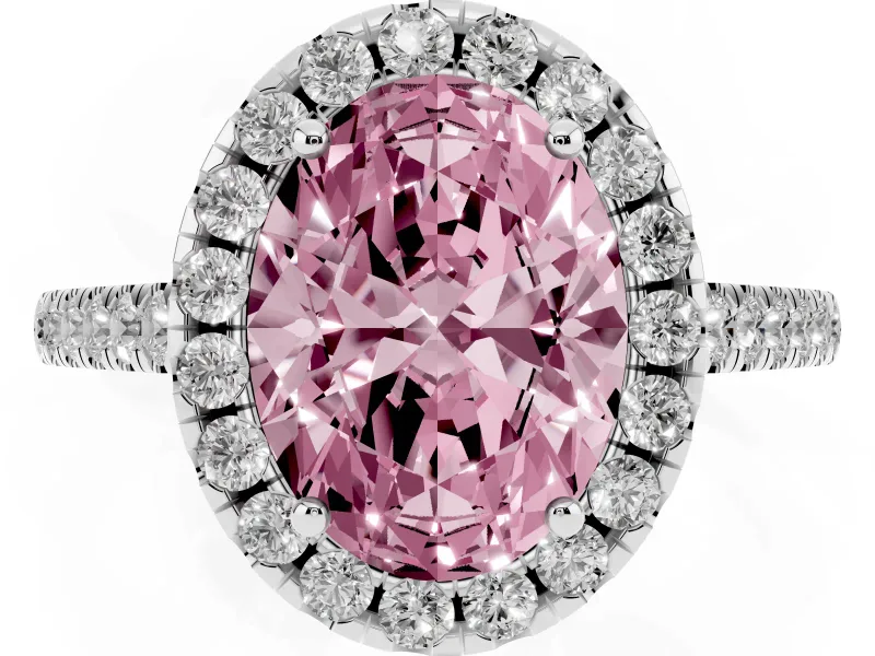 Oval Raised Halo Engagement Ring Setting for a Fancy Pink Lab-Grown Diamond | Pave Band | White Gold