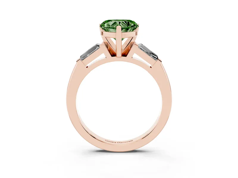 Heart-Shaped Three Stone Engagement Ring Setting for a Fancy Green Lab-Grown Diamond | Tapered Baguettes | Rose Gold