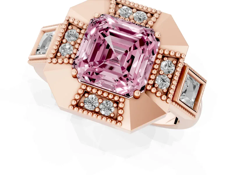 Asscher Cut Milgrain Sectioned Halo Engagement Ring Setting for a Fancy Pink Lab-Grown Diamond | Rose Gold