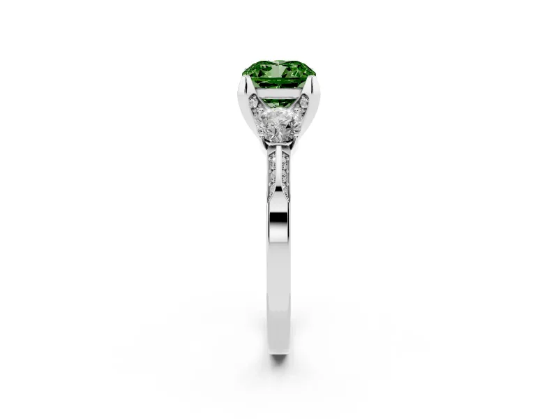 Cushion Cut Hidden Halo Three Stone Engagement Ring Setting for a Fancy Green Lab-Grown Diamond | Platinum