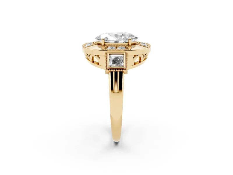 Oval Cut Diamond Milgrain Halo Ring Set in Yellow gold with Split Shank