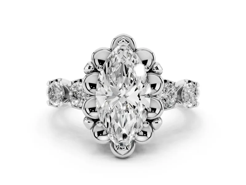 Marquise Cut Diamond Floral Halo Ring Set in Silver with Shared Prong Band