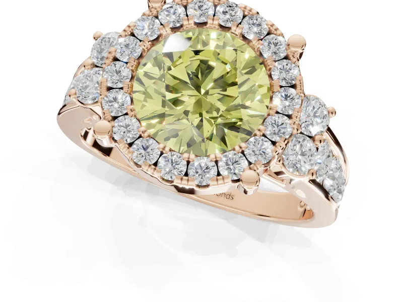 Round Halo Engagement Ring Setting for a Fancy Yellow Lab-Grown Diamond | Side Clusters | Rose Gold
