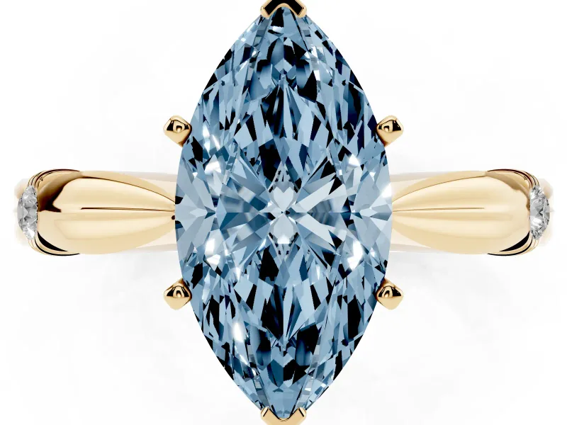 Fancy Blue Marquise Cut Diamond Solitaire Twisted Band Ring Set in Yellow gold with Accent Stones and Prong Setting