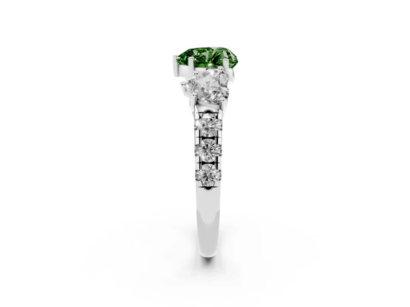 Fancy Green Heart Cut Diamond Three-Stone Ring Set in Platinum with Pavé Band