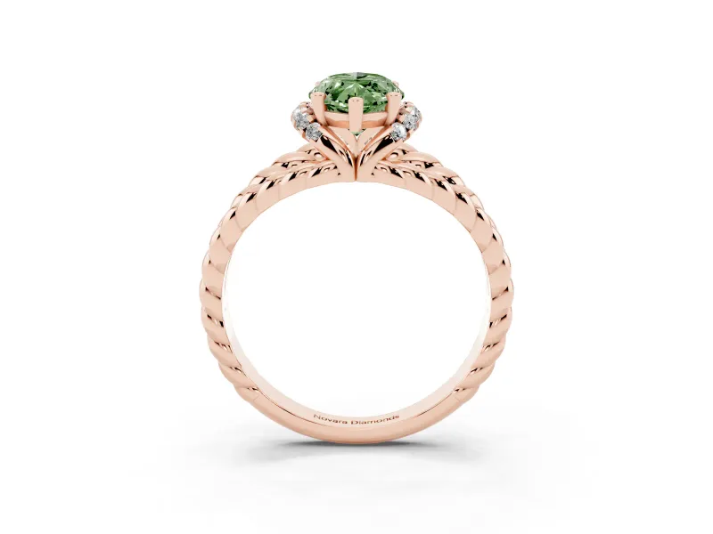 Fancy Green Marquise Cut Diamond Halo Ring Set in Rose gold with Twisted Band and Prong Setting